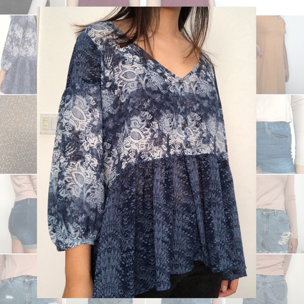 Urban Outfitters Blue Patterned Blouse Size L